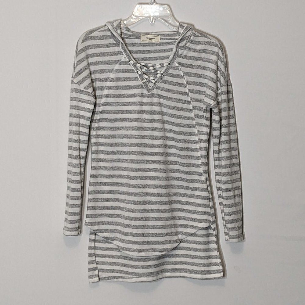 Women's "No Comment" Soft Sweater Knit, Gray/White Stripe Hooded Top; Size S
